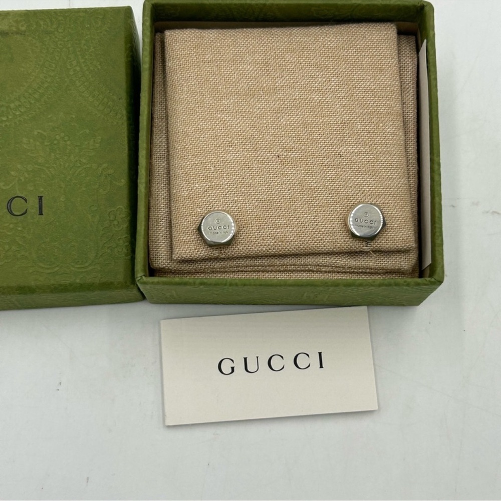 Gucci logo, engraved Sterling, silver hexagon stud earrings made in Italy